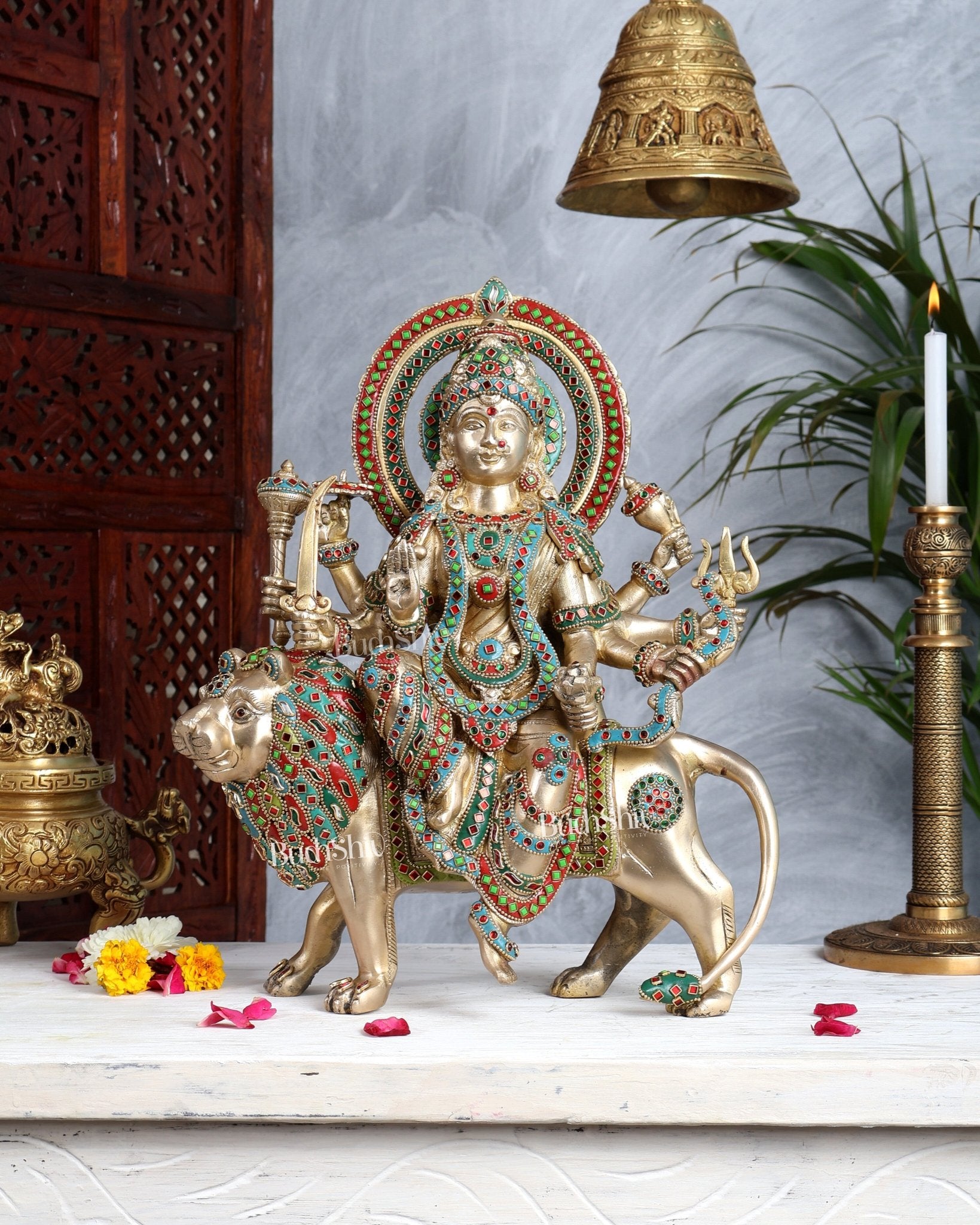 Brass Durga Sherawali Mata Murti - 15" - Budhshiv.com