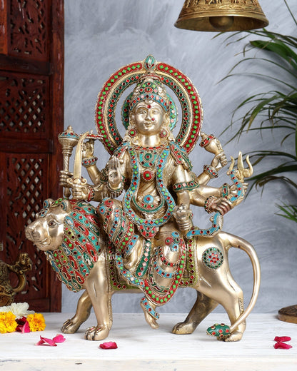 Brass Durga Sherawali Mata Murti - 15" - Budhshiv.com