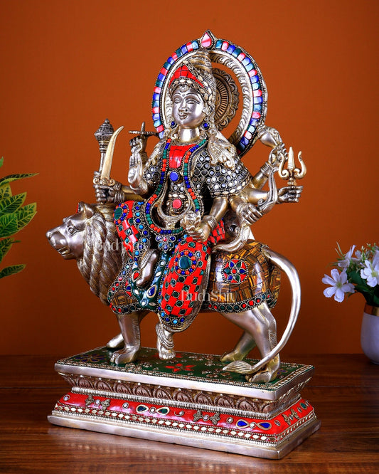 Brass Durga Statue with Stonework 18 inch - Budhshiv.com