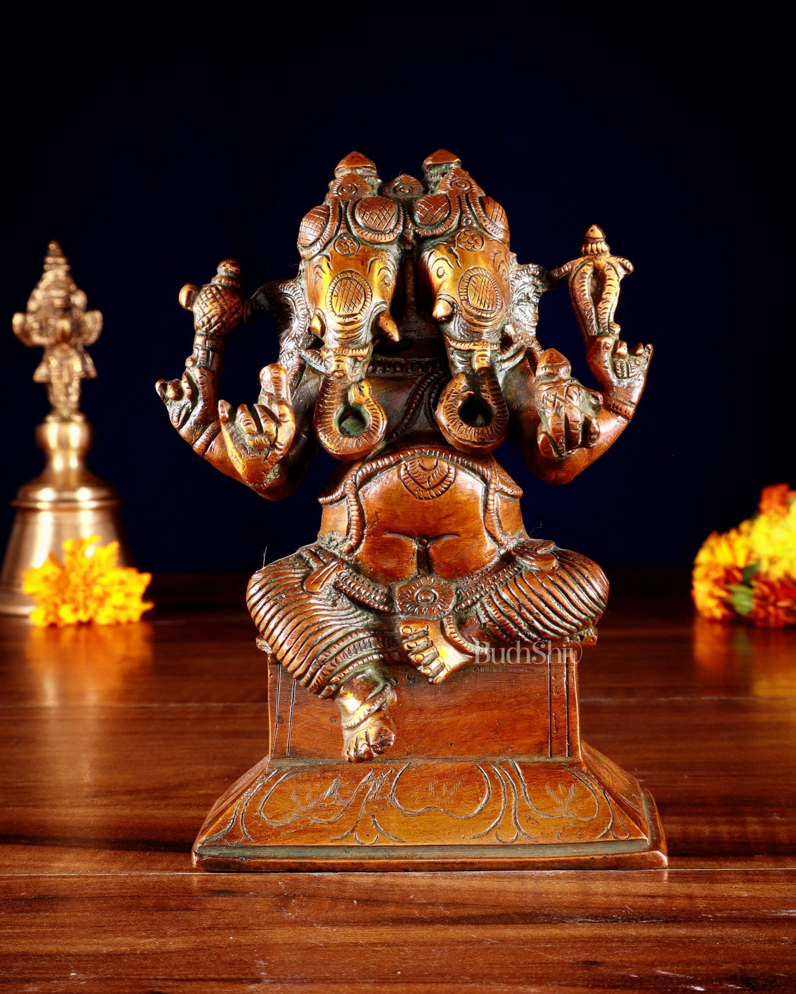 Brass Dvimukha Ganapati Statue – Two - Faced Form with Dual Trunk Direction 6" - Budhshiv.com