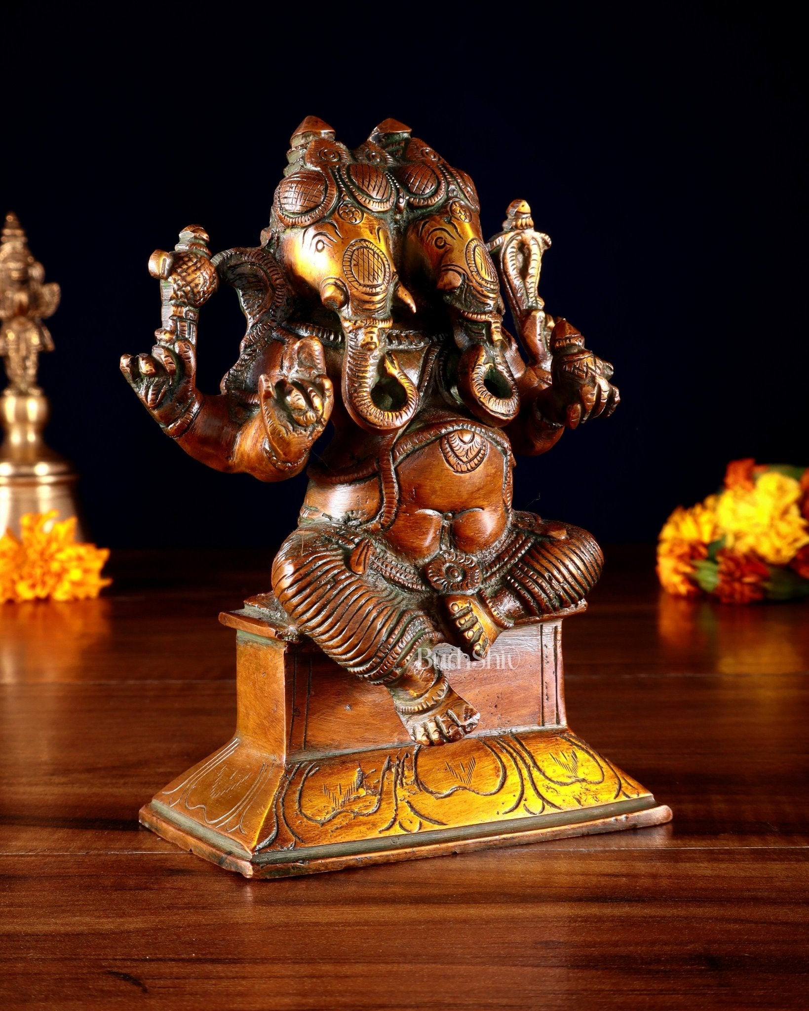 Brass Dvimukha Ganapati Statue – Two - Faced Form with Dual Trunk Direction 6" - Budhshiv.com
