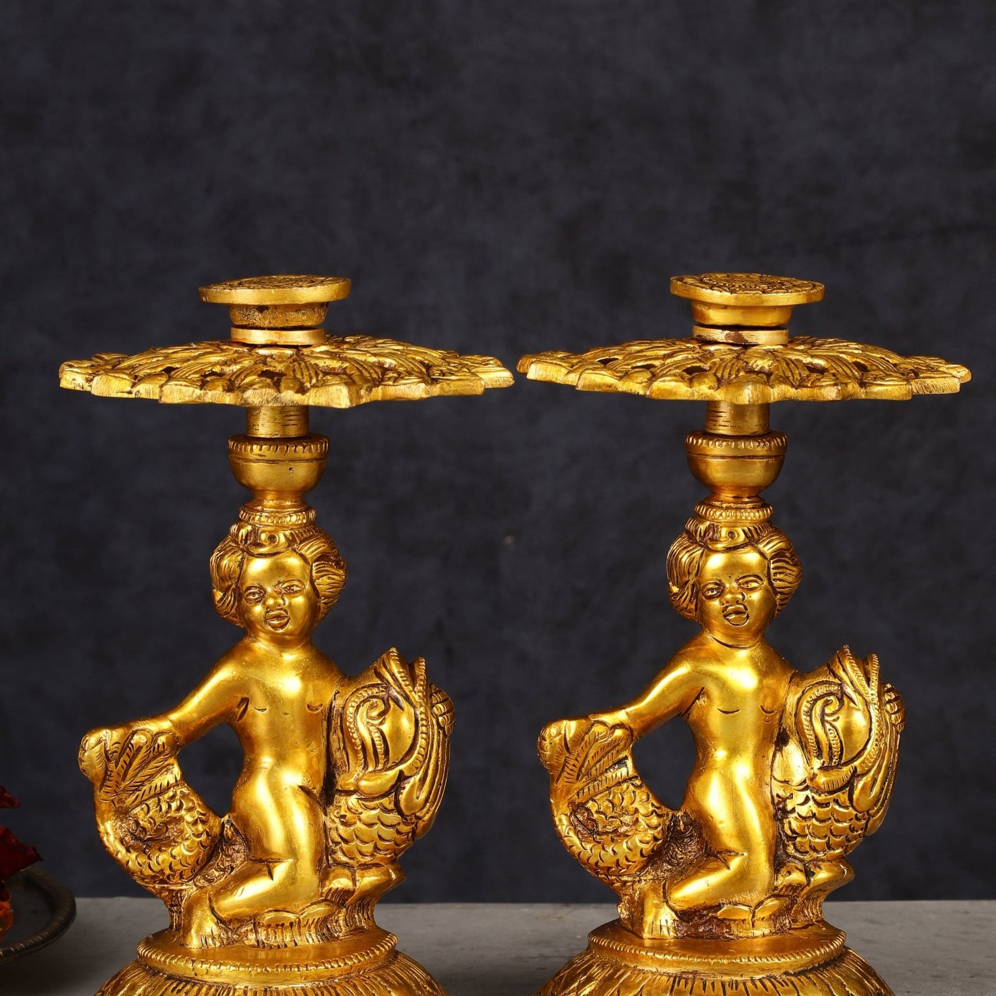 Brass Elegant Angel Table Showpiece Candle Holder 6" pair - Budhshiv.com