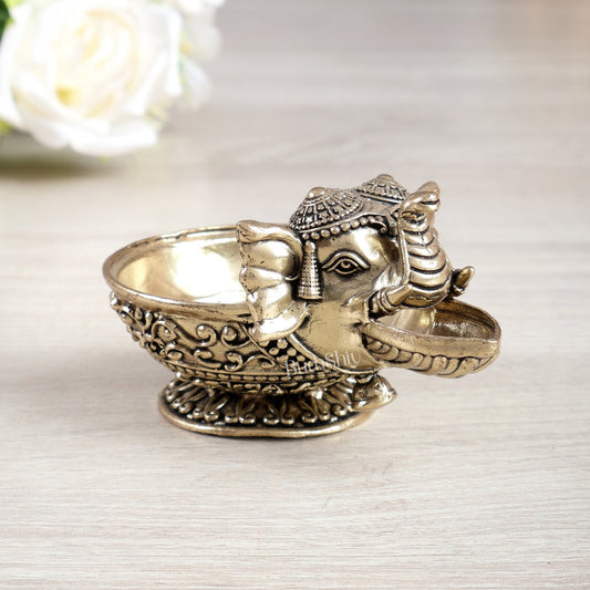 Brass Elephant Face Diya Oil Lamp Vilakku – Small Handcrafted Pooja Lamp (2 Inches) - Budhshiv.com