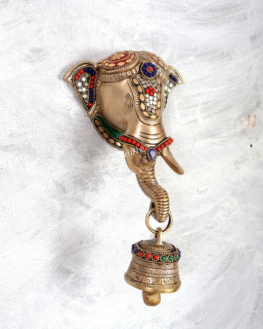 Brass elephant face with bell wall hanging multicolour - Budhshiv.com