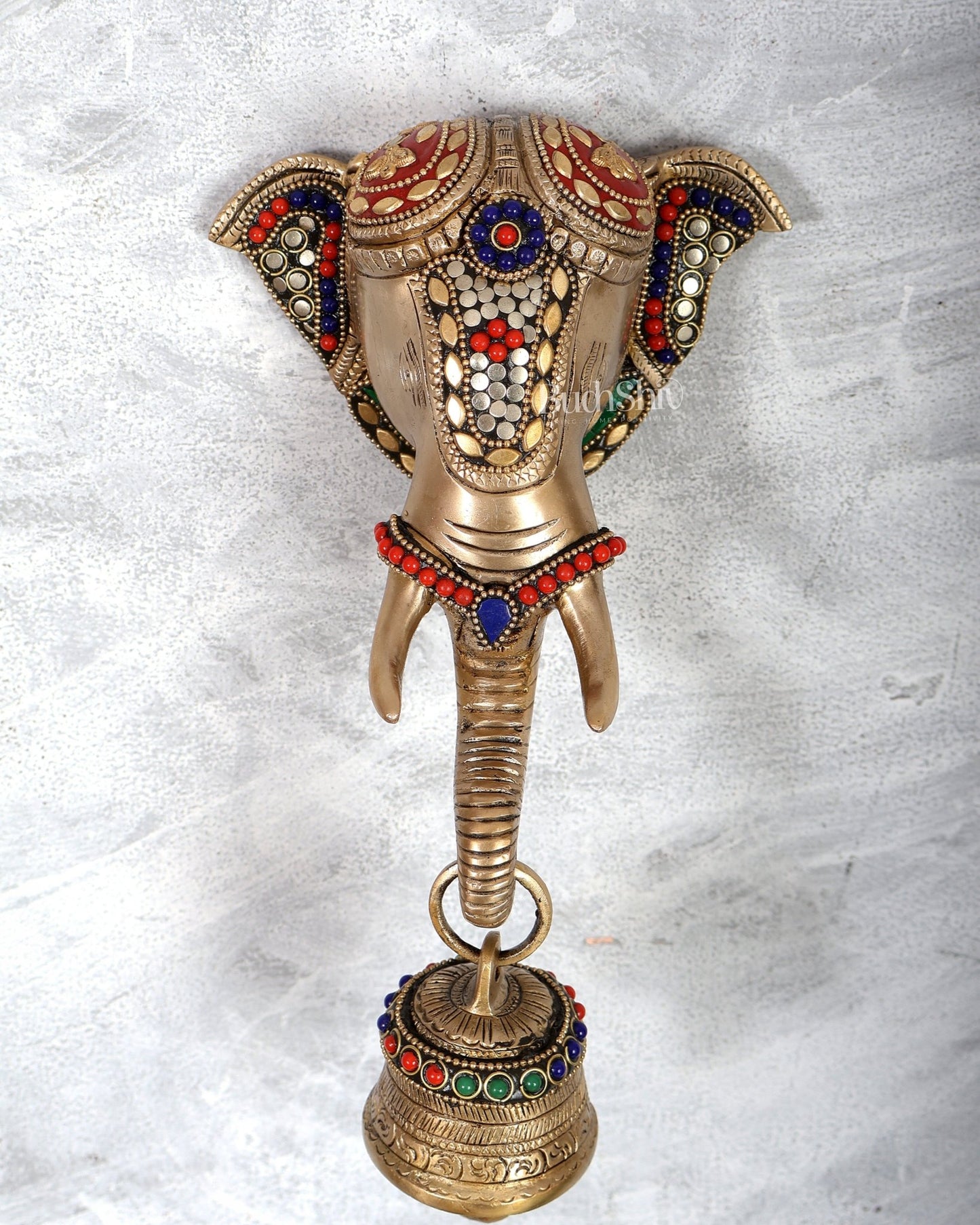 Brass elephant face with bell wall hanging multicolour - Budhshiv.com
