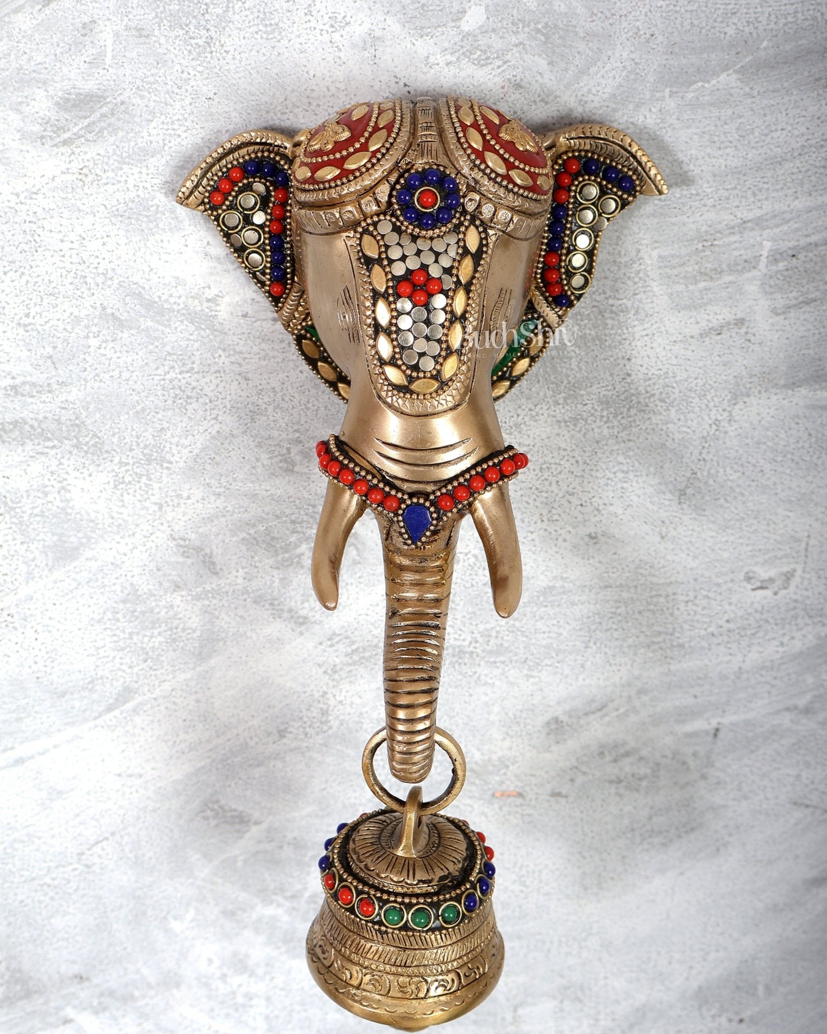 Brass elephant face with bell wall hanging multicolour - Budhshiv.com
