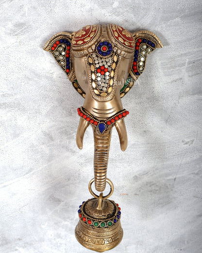 Brass elephant face with bell wall hanging multicolour - Budhshiv.com