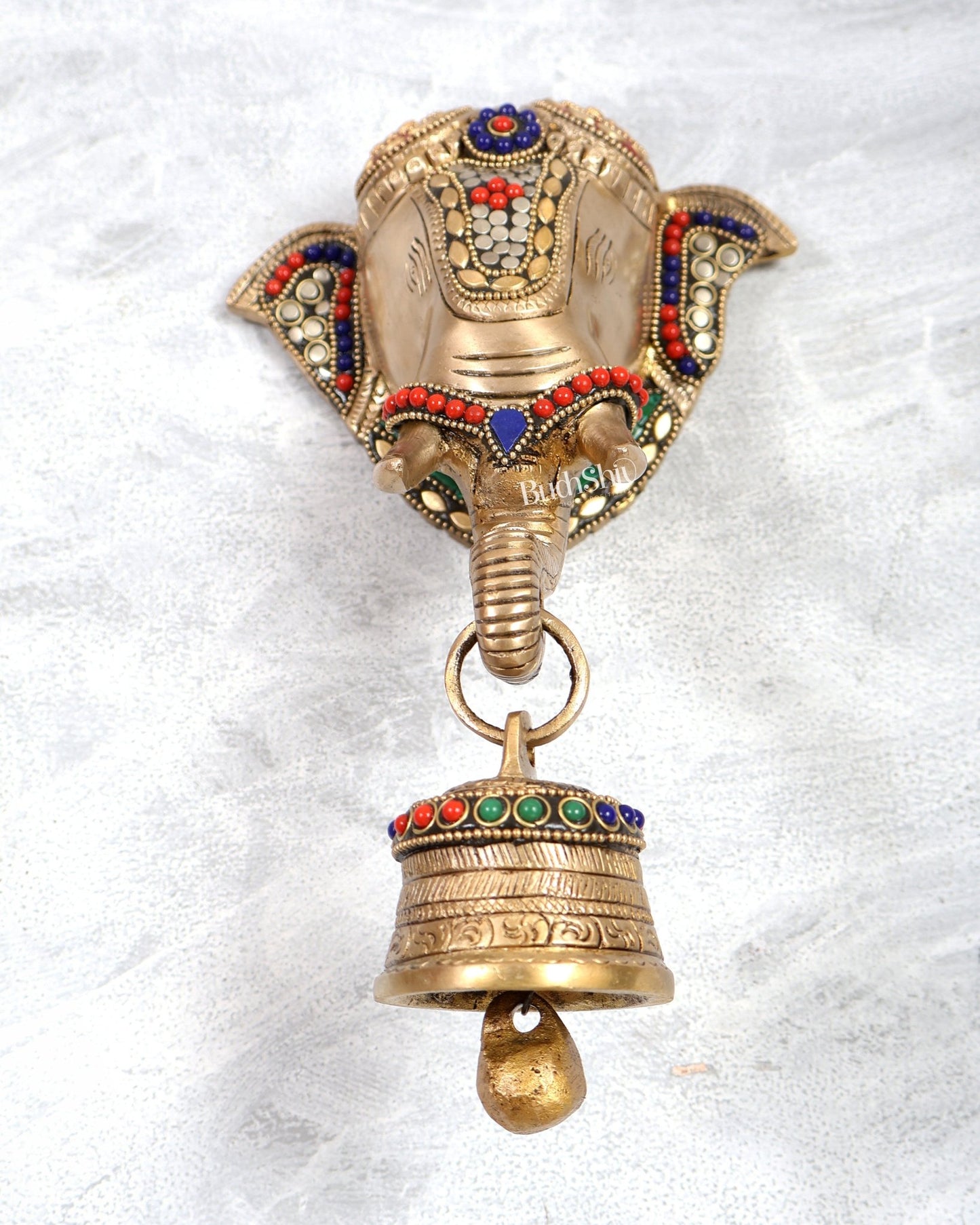 Brass elephant face with bell wall hanging multicolour - Budhshiv.com