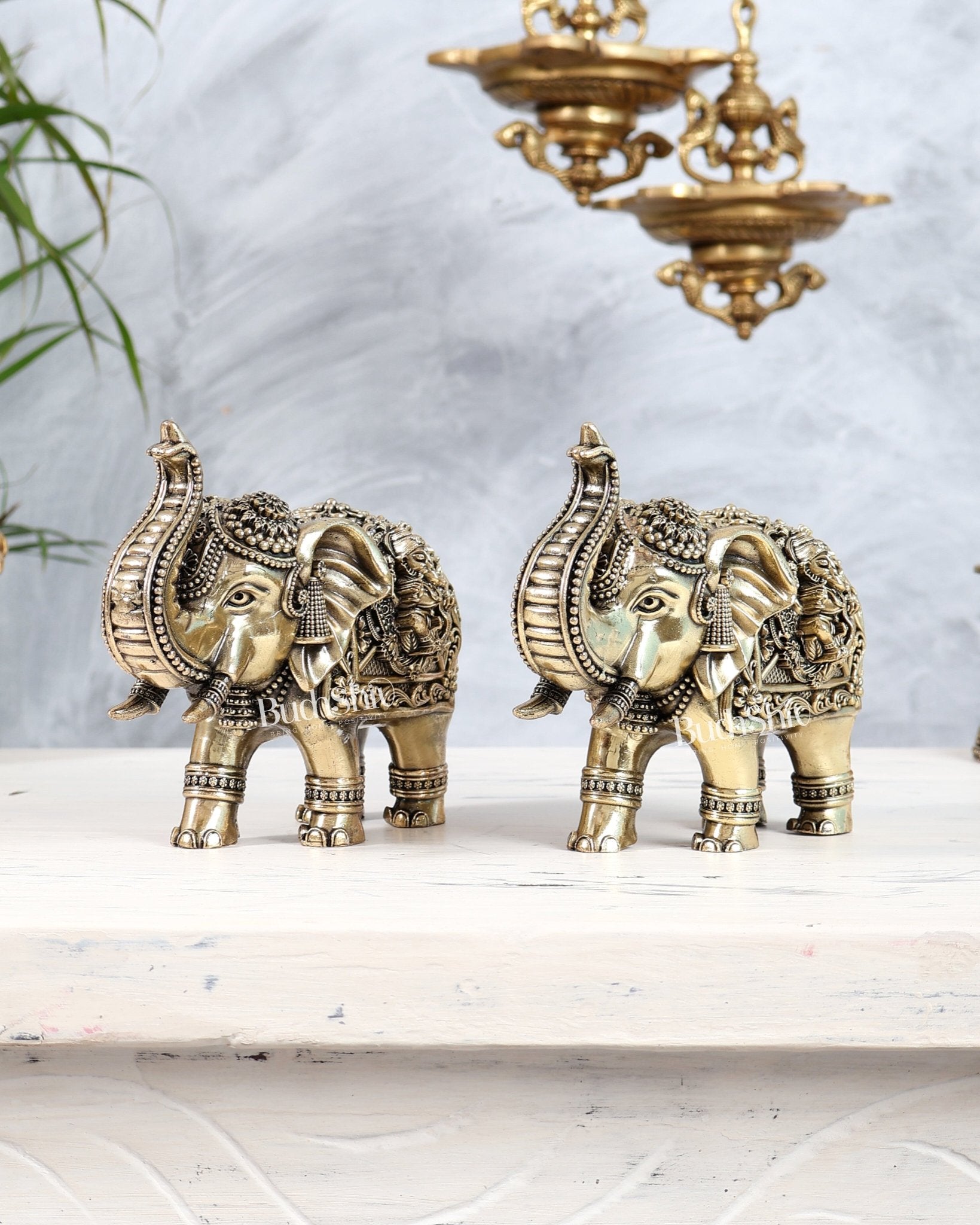 Brass Elephant Pair Trunk Up with Ganesha Lakshmi Carvings | Auspicious Décor Set 6" wide - Budhshiv.com