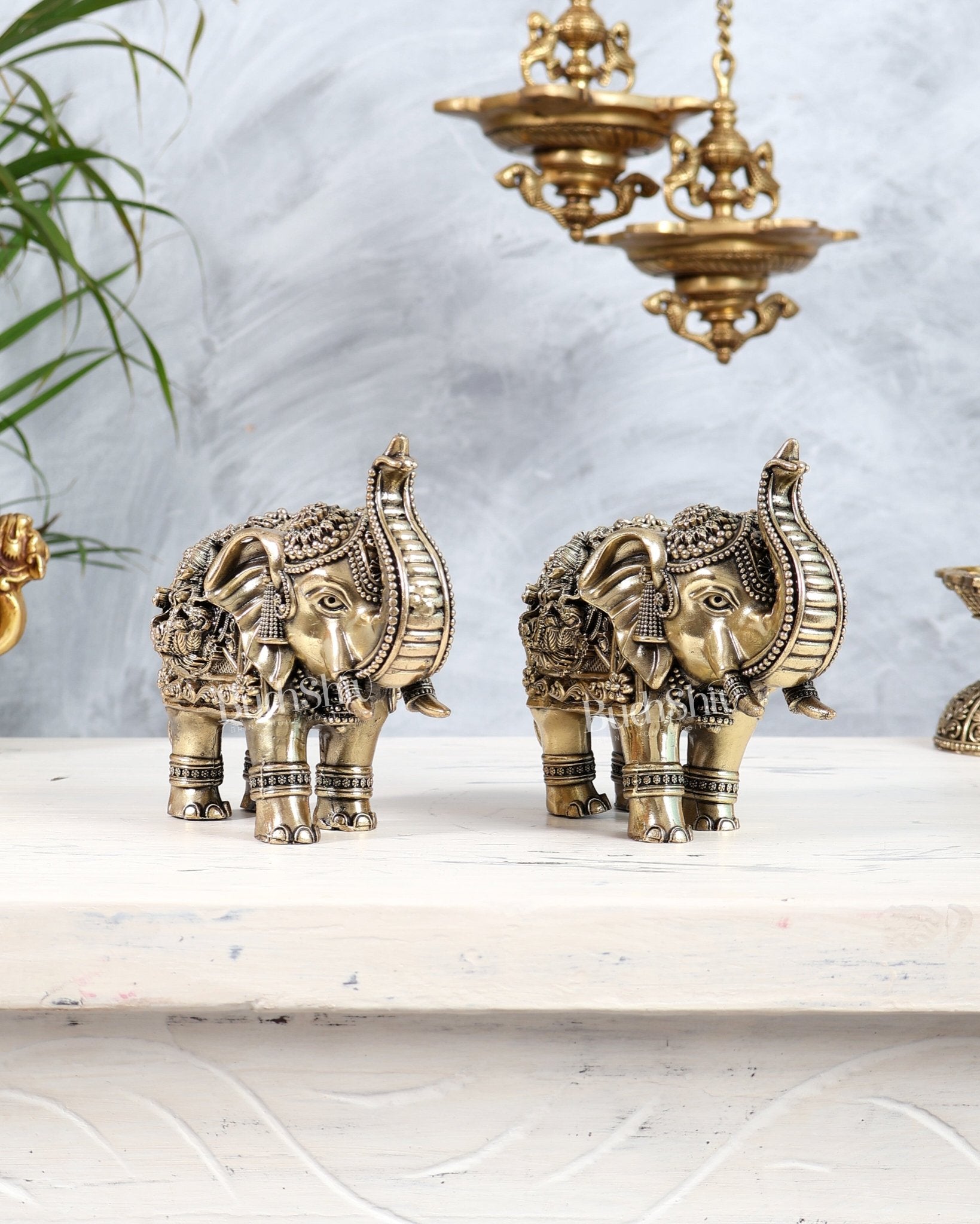 Brass Elephant Pair Trunk Up with Ganesha Lakshmi Carvings | Auspicious Décor Set 6" wide - Budhshiv.com