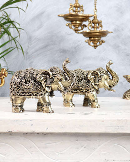 Brass Elephant Pair Trunk Up with Ganesha Lakshmi Carvings | Auspicious Décor Set 6" wide - Budhshiv.com