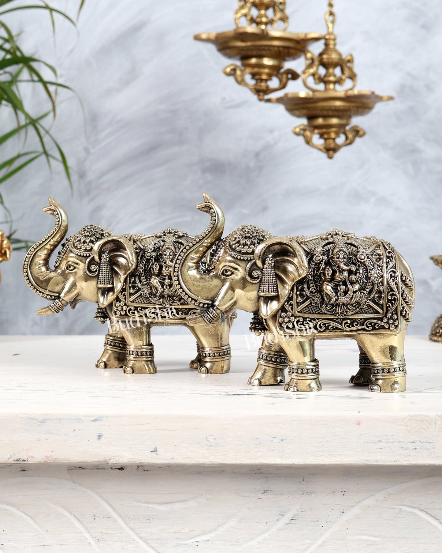 Brass Elephant Pair Trunk Up with Ganesha Lakshmi Carvings | Auspicious Décor Set 6" wide - Budhshiv.com