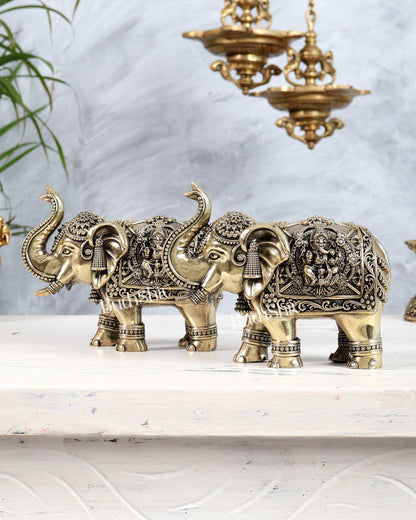 Brass Elephant Pair Trunk Up with Ganesha Lakshmi Carvings | Auspicious Décor Set 6" wide - Budhshiv.com