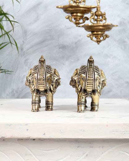 Brass Elephant Pair Trunk Up with Ganesha Lakshmi Carvings | Auspicious Décor Set 6" wide - Budhshiv.com