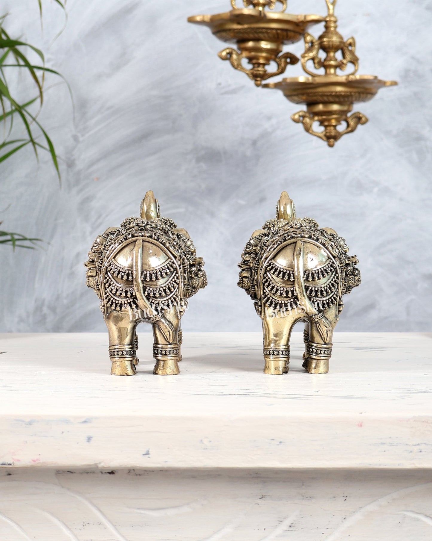 Brass Elephant Pair Trunk Up with Ganesha Lakshmi Carvings | Auspicious Décor Set 6" wide - Budhshiv.com