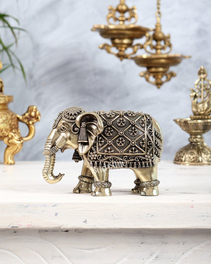 Brass Elephant Showpiece with Trunk Down | Superfine Decorative Elephant Figurine 5 inch wide - Budhshiv.com