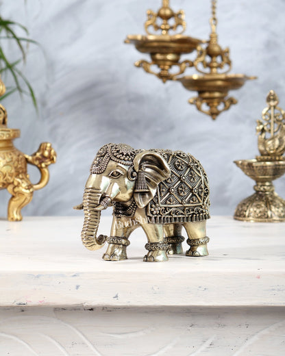 Brass Elephant Showpiece with Trunk Down | Superfine Decorative Elephant Figurine 5 inch wide - Budhshiv.com
