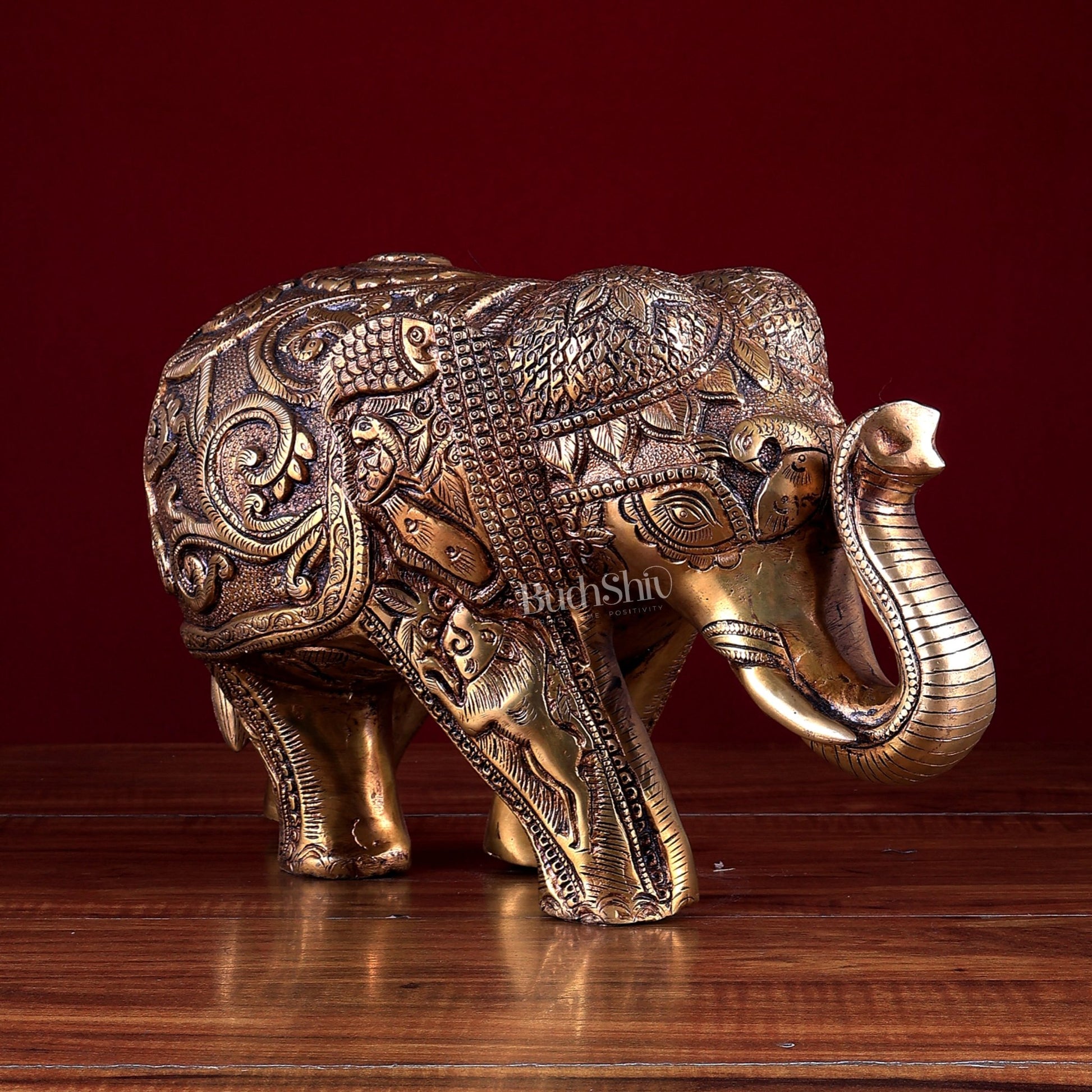 Brass Elephant Statue with Animal Motif Carvings - Budhshiv.com