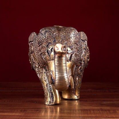 Brass Elephant Statue with Animal Motif Carvings - Budhshiv.com