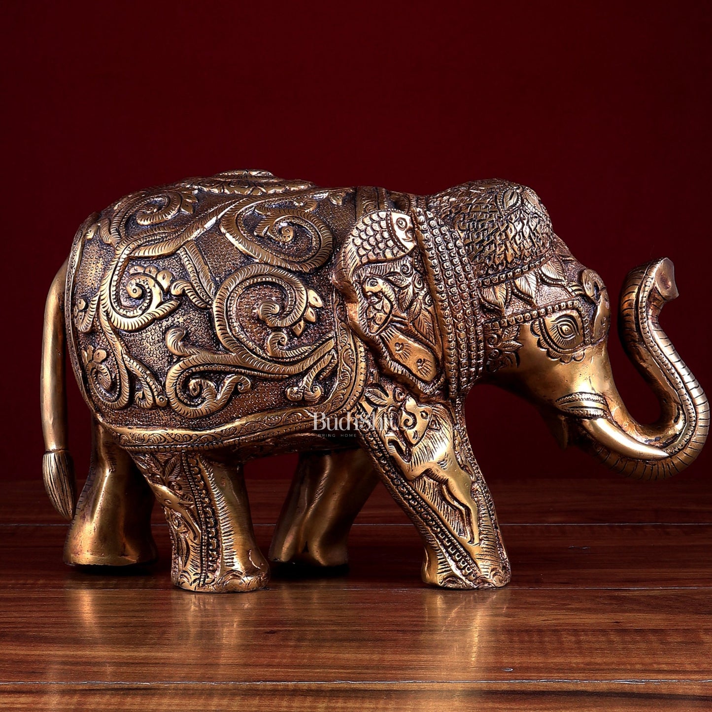 Brass Elephant Statue with Animal Motif Carvings - Budhshiv.com