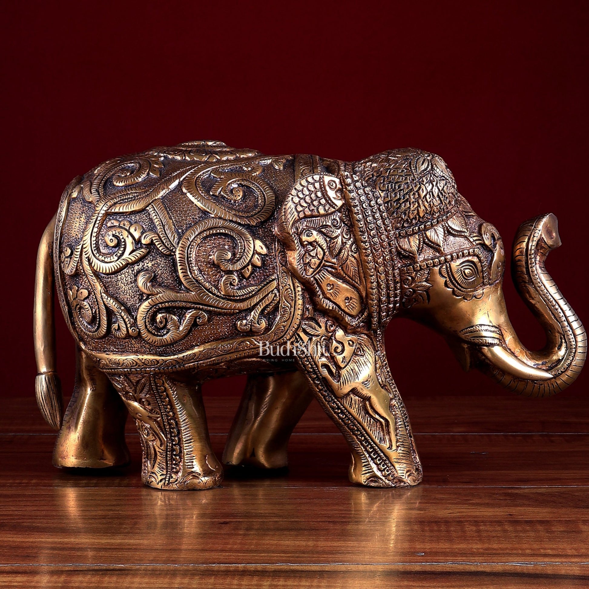 Brass Elephant Statue with Animal Motif Carvings - Budhshiv.com