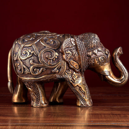 Brass Elephant Statue with Animal Motif Carvings - Budhshiv.com