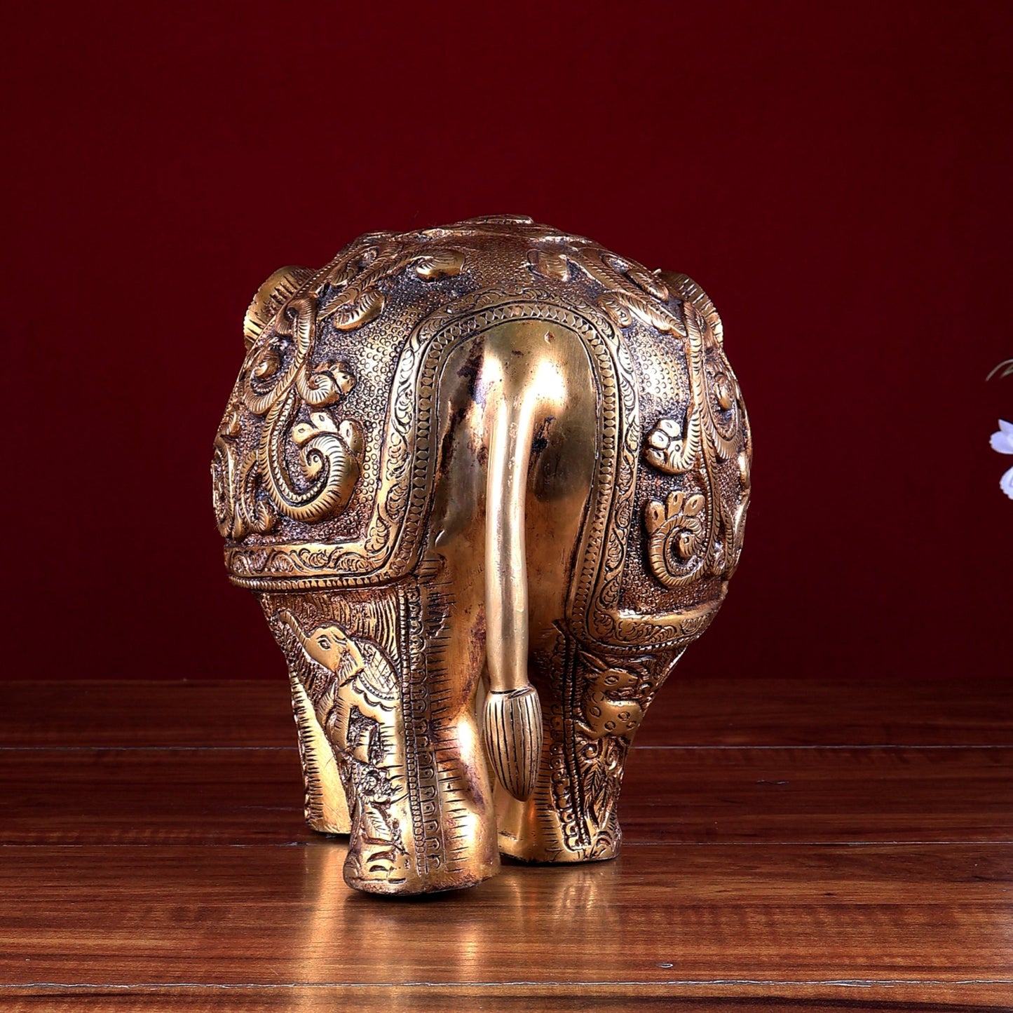 Brass Elephant Statue with Animal Motif Carvings - Budhshiv.com