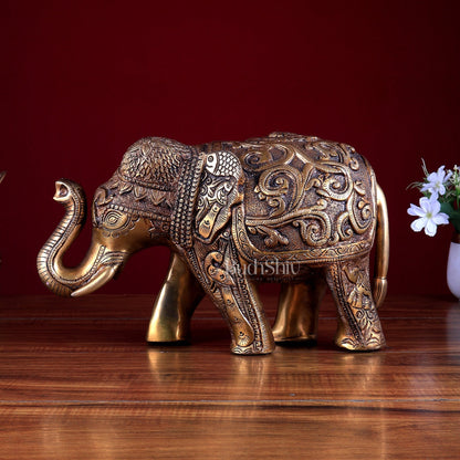 Brass Elephant Statue with Animal Motif Carvings - Budhshiv.com