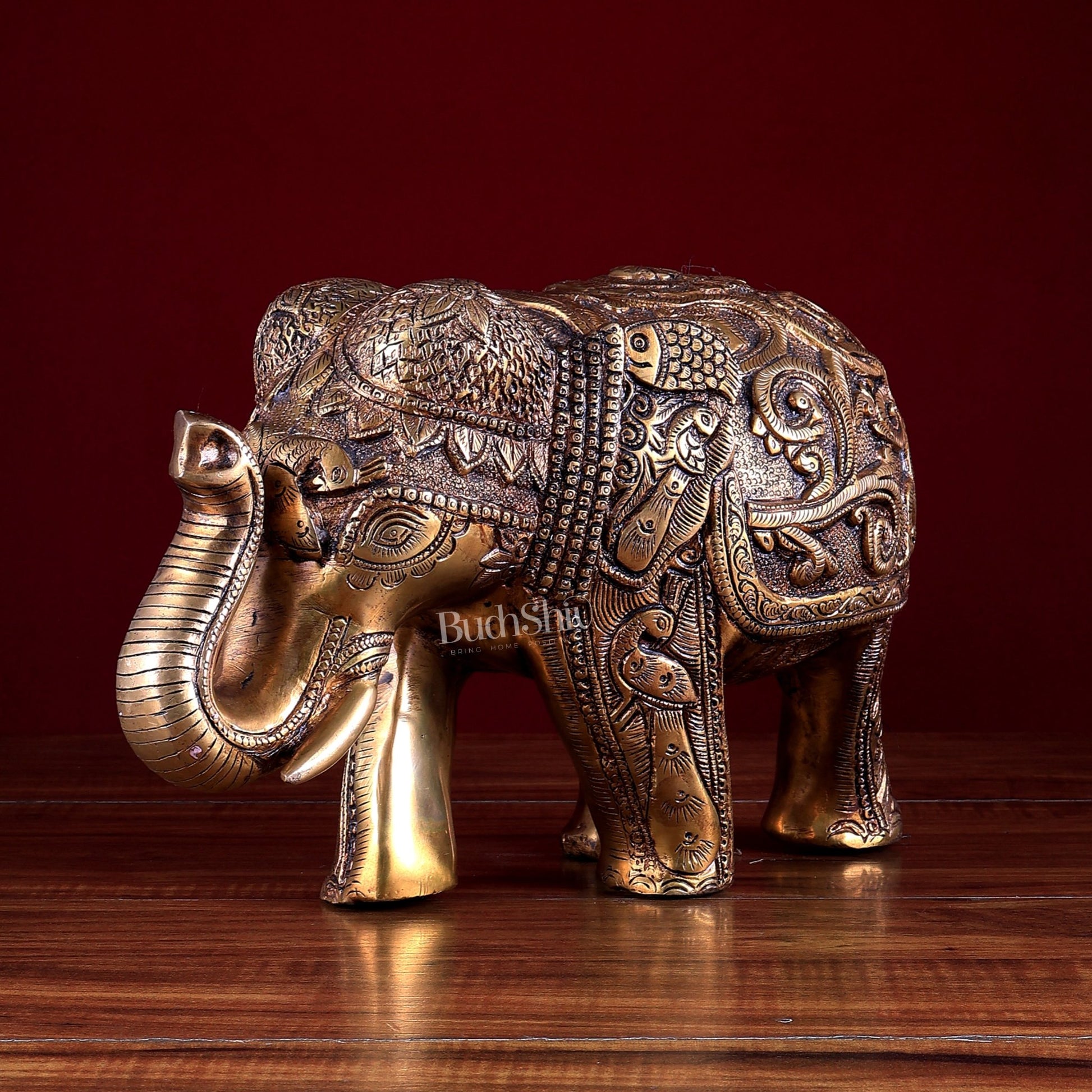 Brass Elephant Statue with Animal Motif Carvings - Budhshiv.com