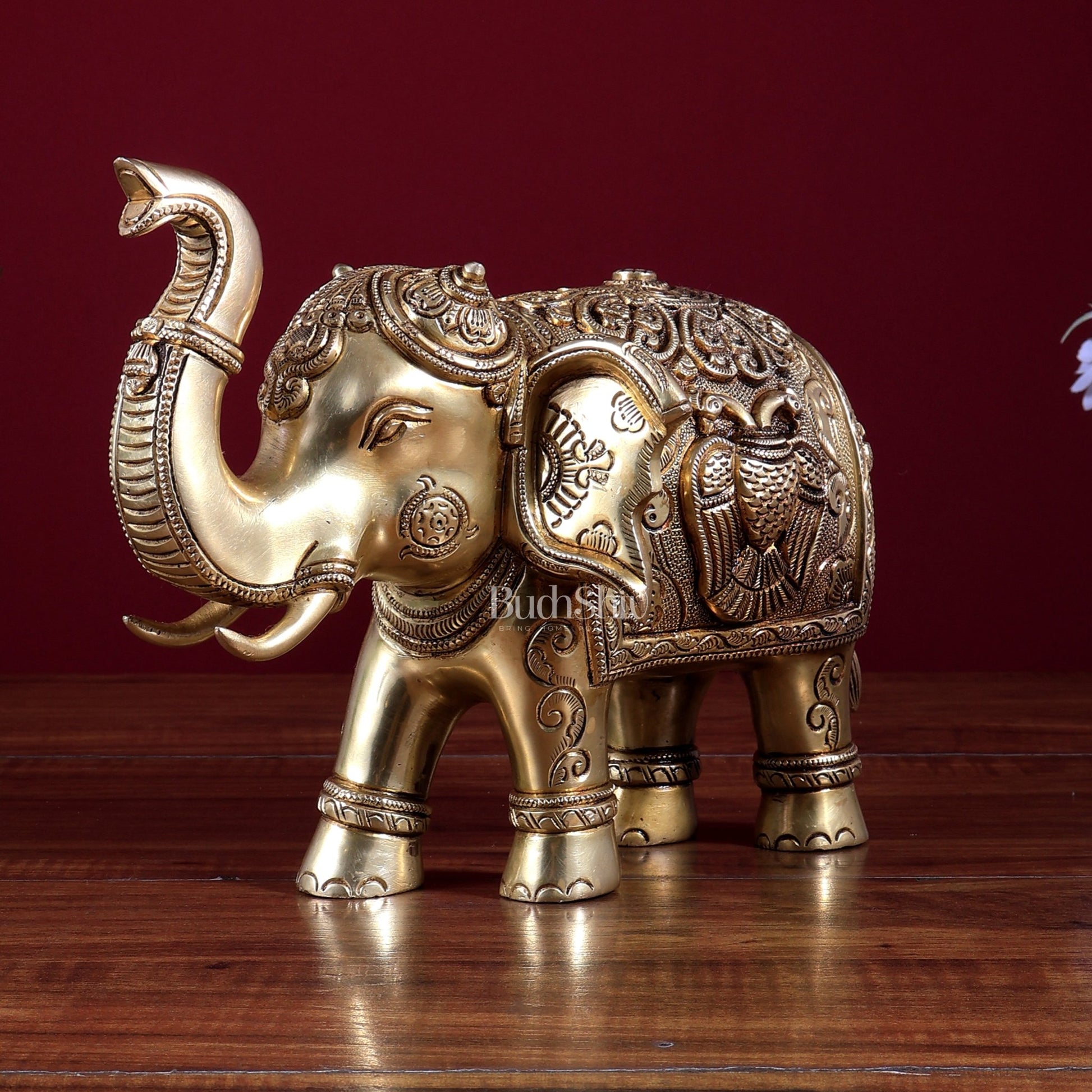 Brass Elephant Statue with Dual Eagle Design 10.5 - Budhshiv.com