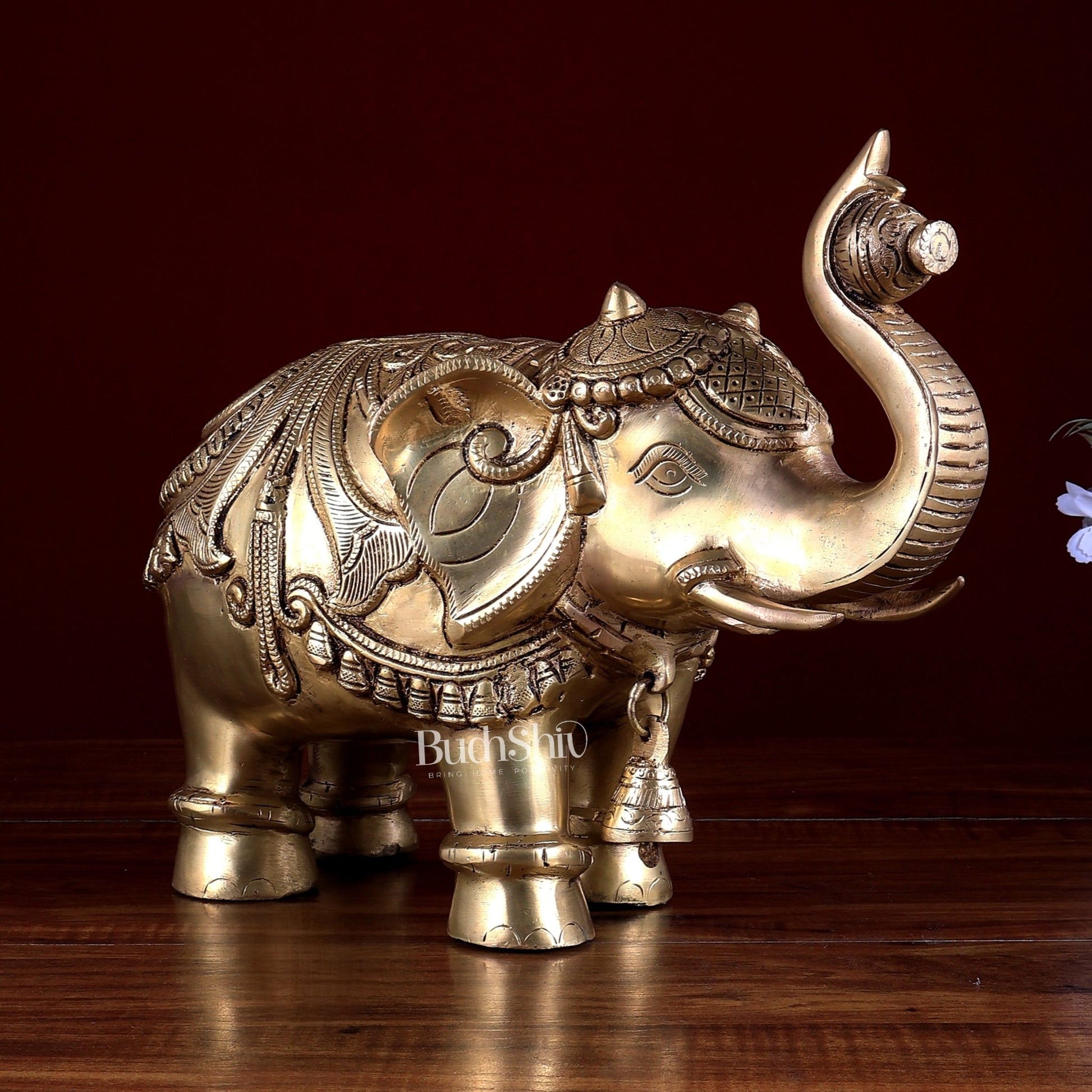 Brass Elephant Statue with Enhanced Carvings 12 inch - Budhshiv.com