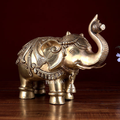 Brass Elephant Statue with Enhanced Carvings 12 inch - Budhshiv.com