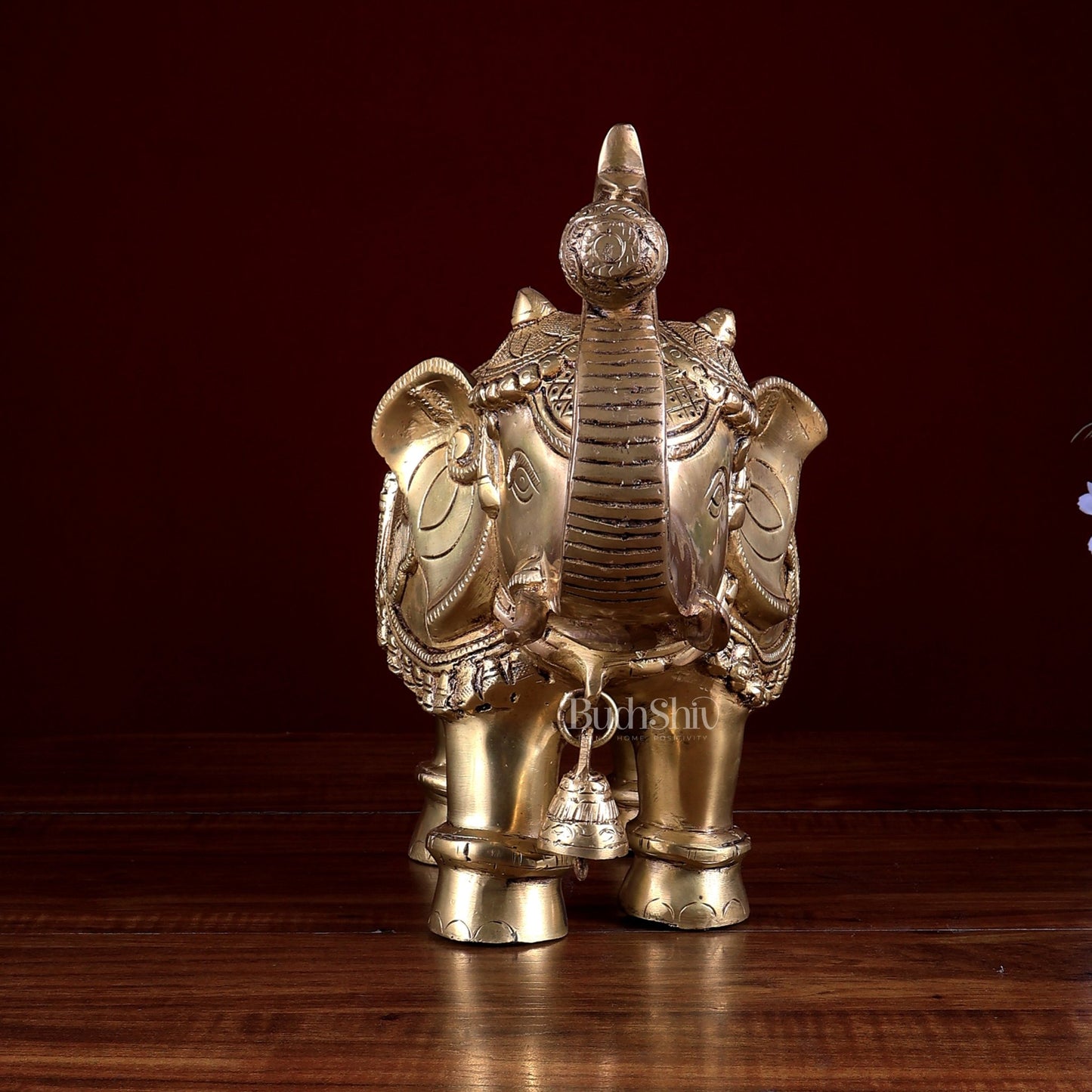 Brass Elephant Statue with Enhanced Carvings 12 inch - Budhshiv.com