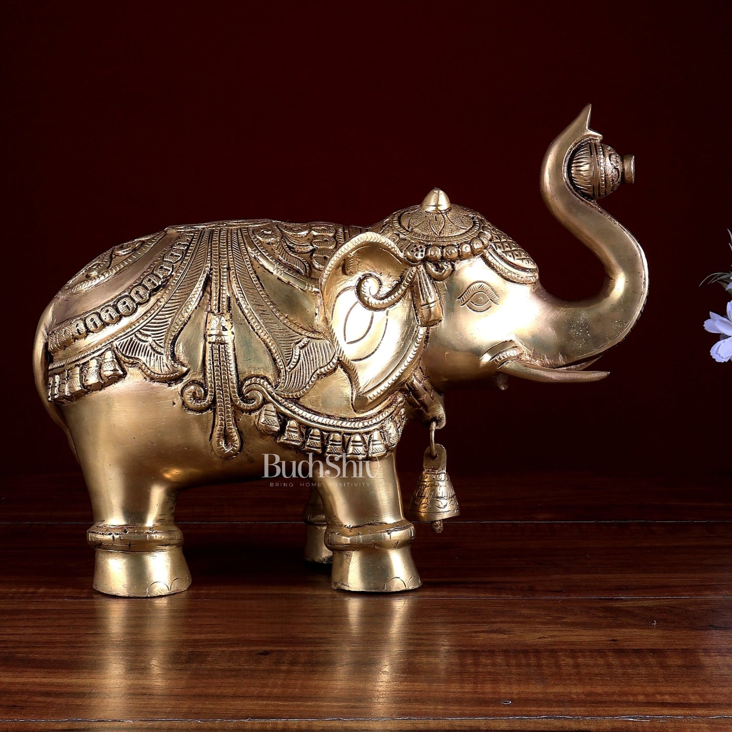 Brass Elephant Statue with Enhanced Carvings 12 inch - Budhshiv.com