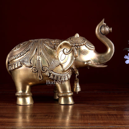 Brass Elephant Statue with Enhanced Carvings 12 inch - Budhshiv.com