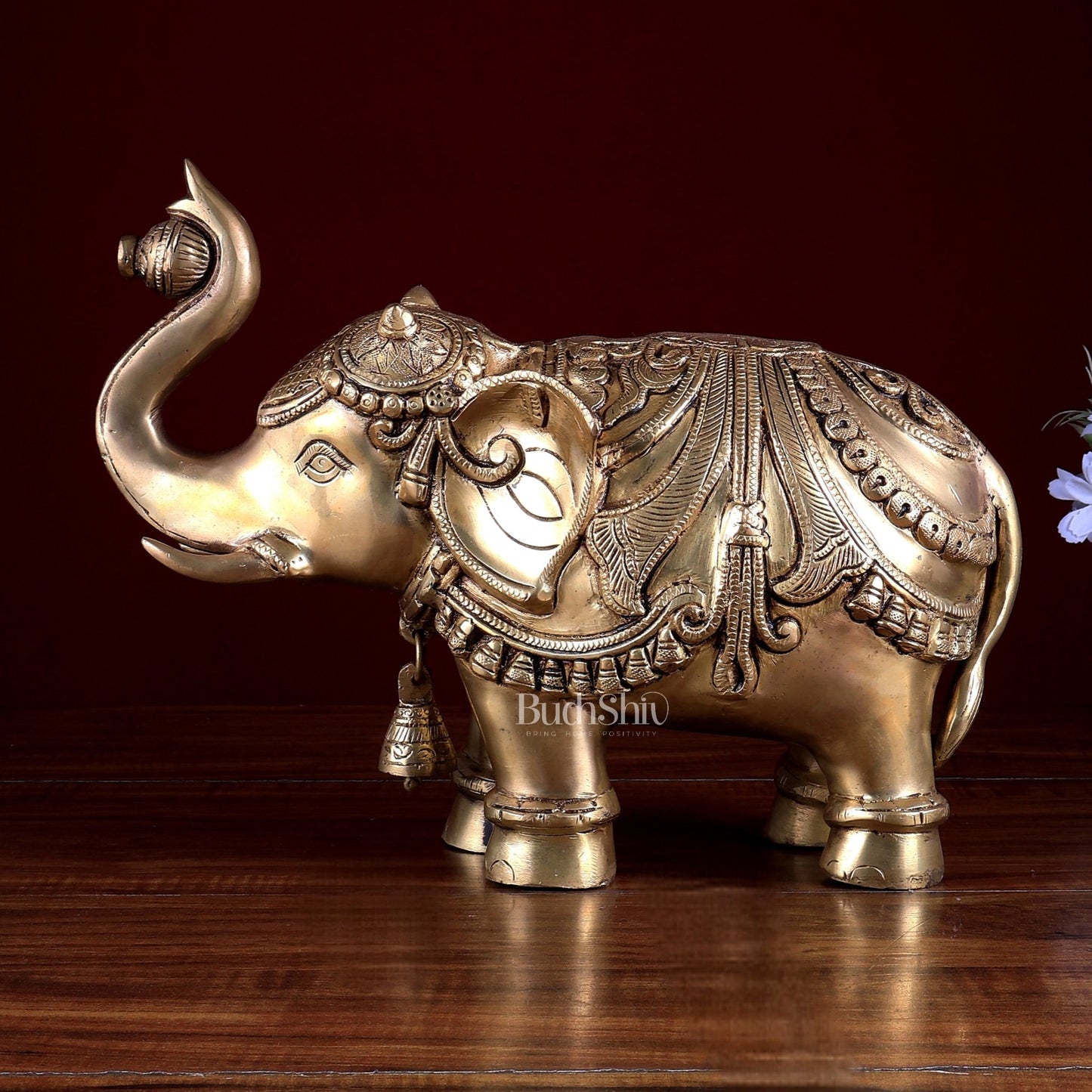 Brass Elephant Statue with Enhanced Carvings 12 inch - Budhshiv.com