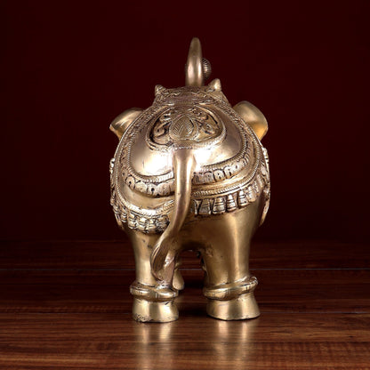 Brass Elephant Statue with Enhanced Carvings 12 inch - Budhshiv.com