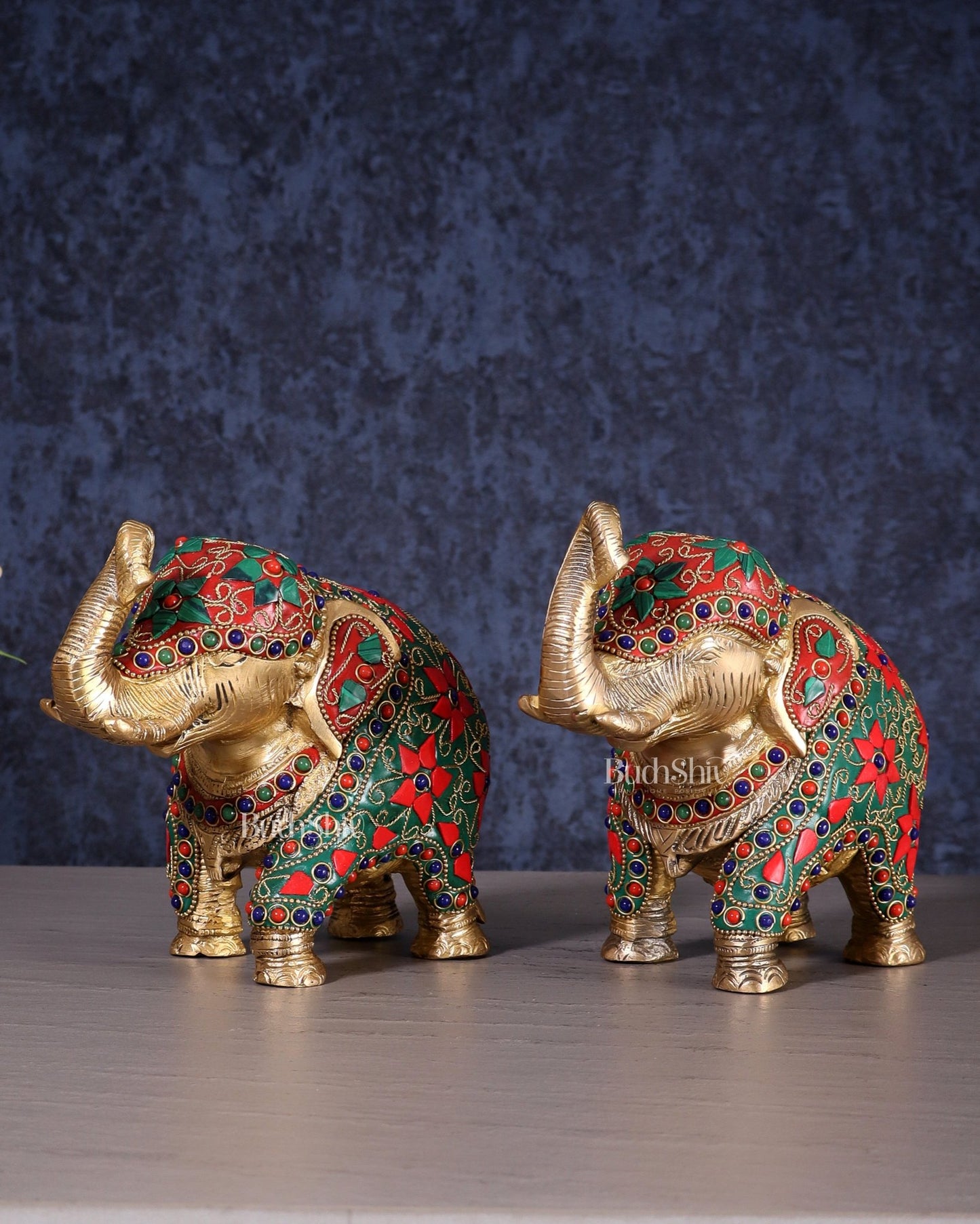 Brass Elephant Statue with Floral Stonework 7" pair - Budhshiv.com