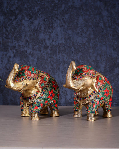 Brass Elephant Statue with Floral Stonework 7" pair - Budhshiv.com