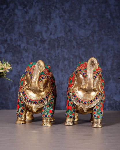 Brass Elephant Statue with Floral Stonework 7" pair - Budhshiv.com