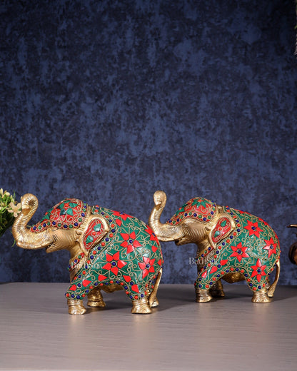 Brass Elephant Statue with Floral Stonework 7" pair - Budhshiv.com