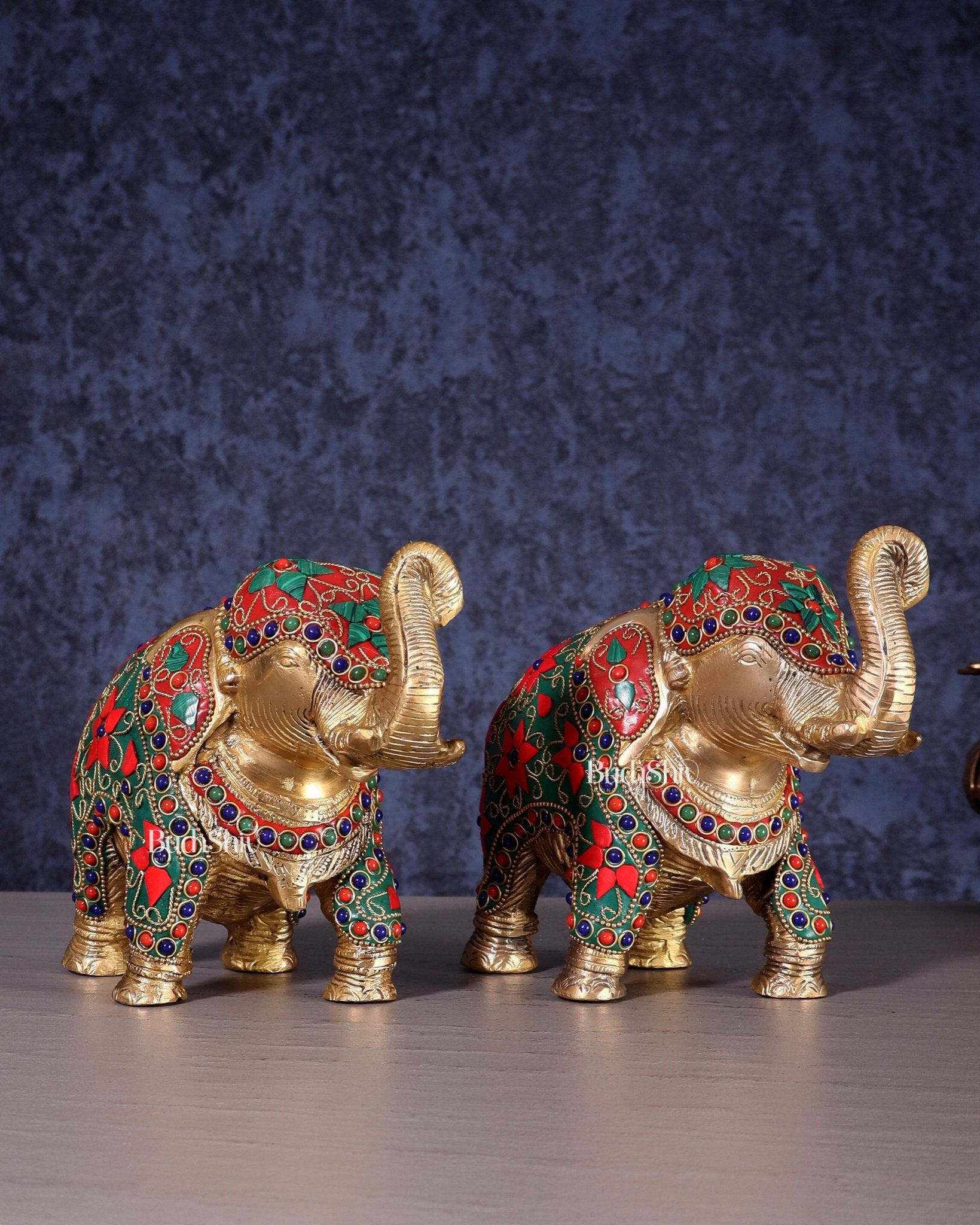 Brass Elephant Statue with Floral Stonework 7" pair - Budhshiv.com
