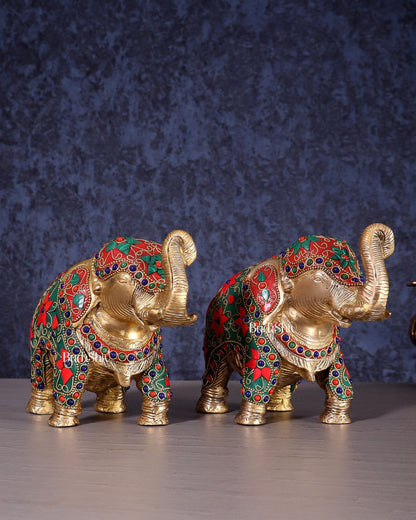 Brass Elephant Statue with Floral Stonework 7" pair - Budhshiv.com