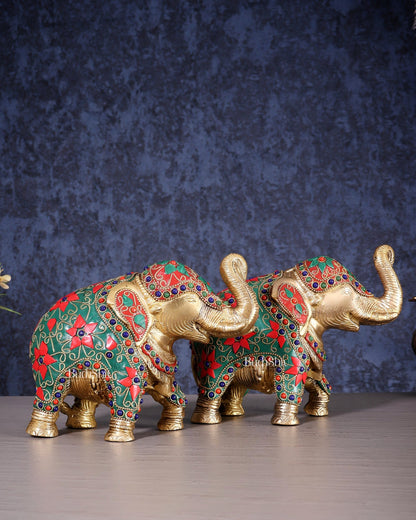 Brass Elephant Statue with Floral Stonework 7" pair - Budhshiv.com
