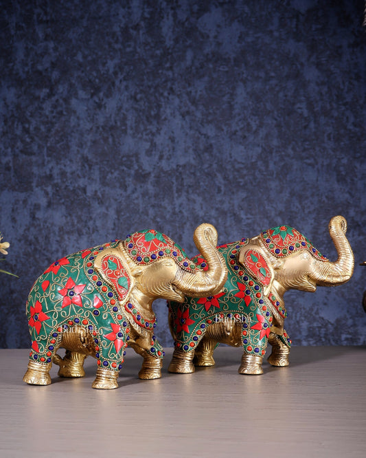 Brass Elephant Statue with Floral Stonework 7" pair - Budhshiv.com