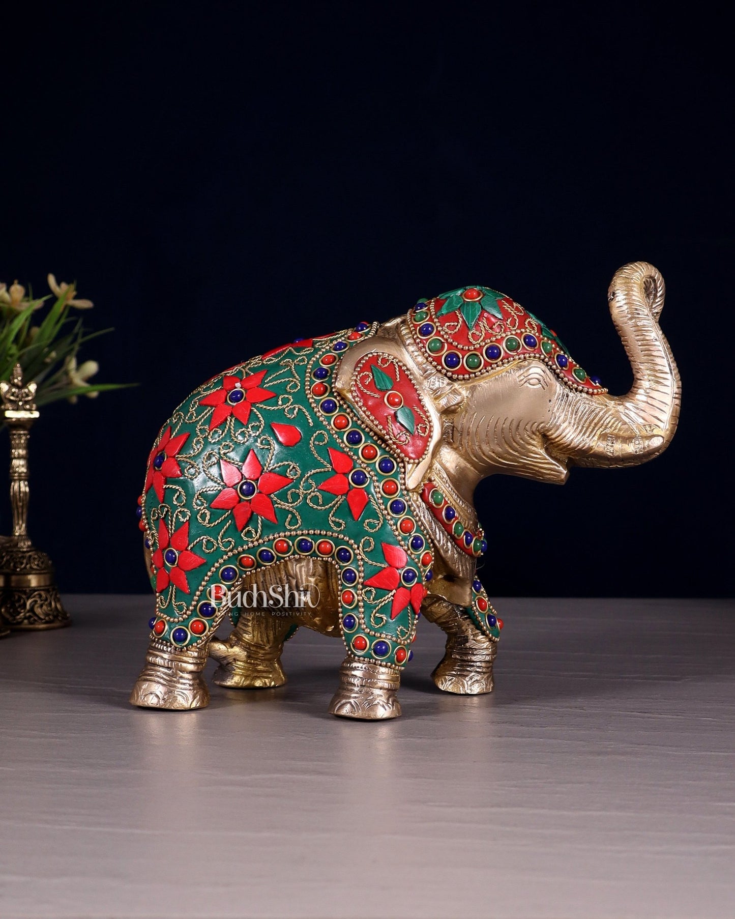 Brass Elephant Statue with Floral Stonework 7" - Budhshiv.com