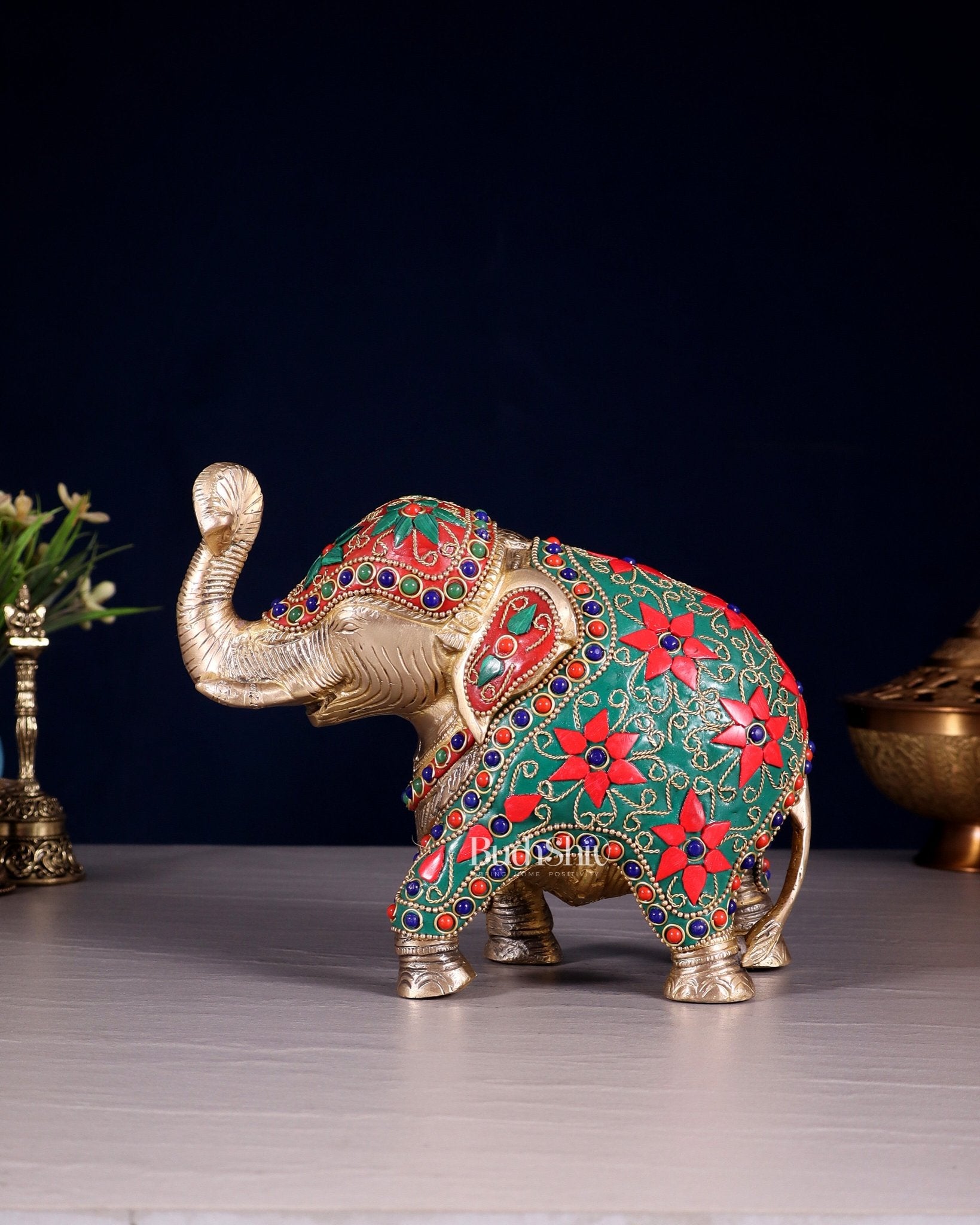 Brass Elephant Statue with Floral Stonework 7" - Budhshiv.com