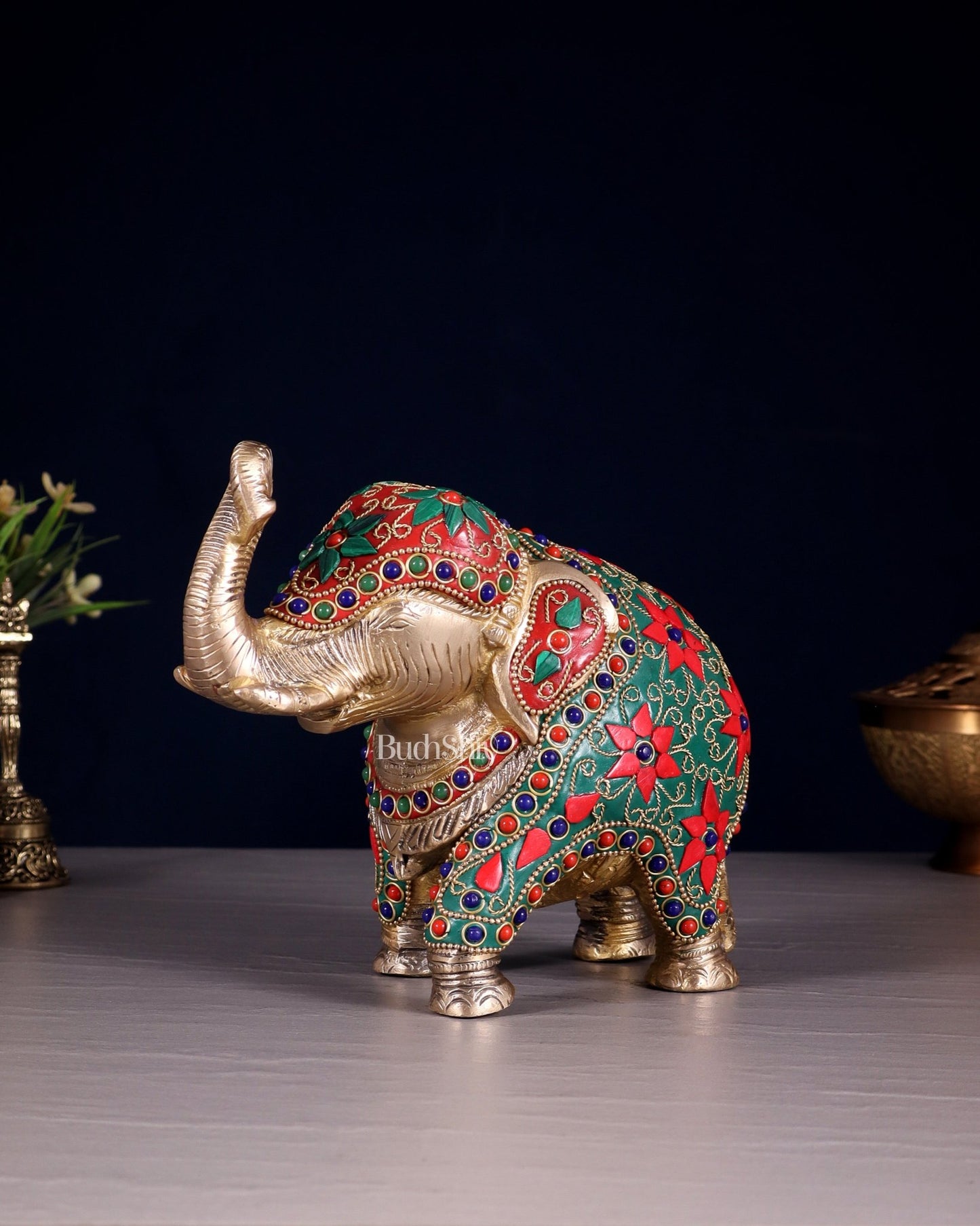 Brass Elephant Statue with Floral Stonework 7" - Budhshiv.com