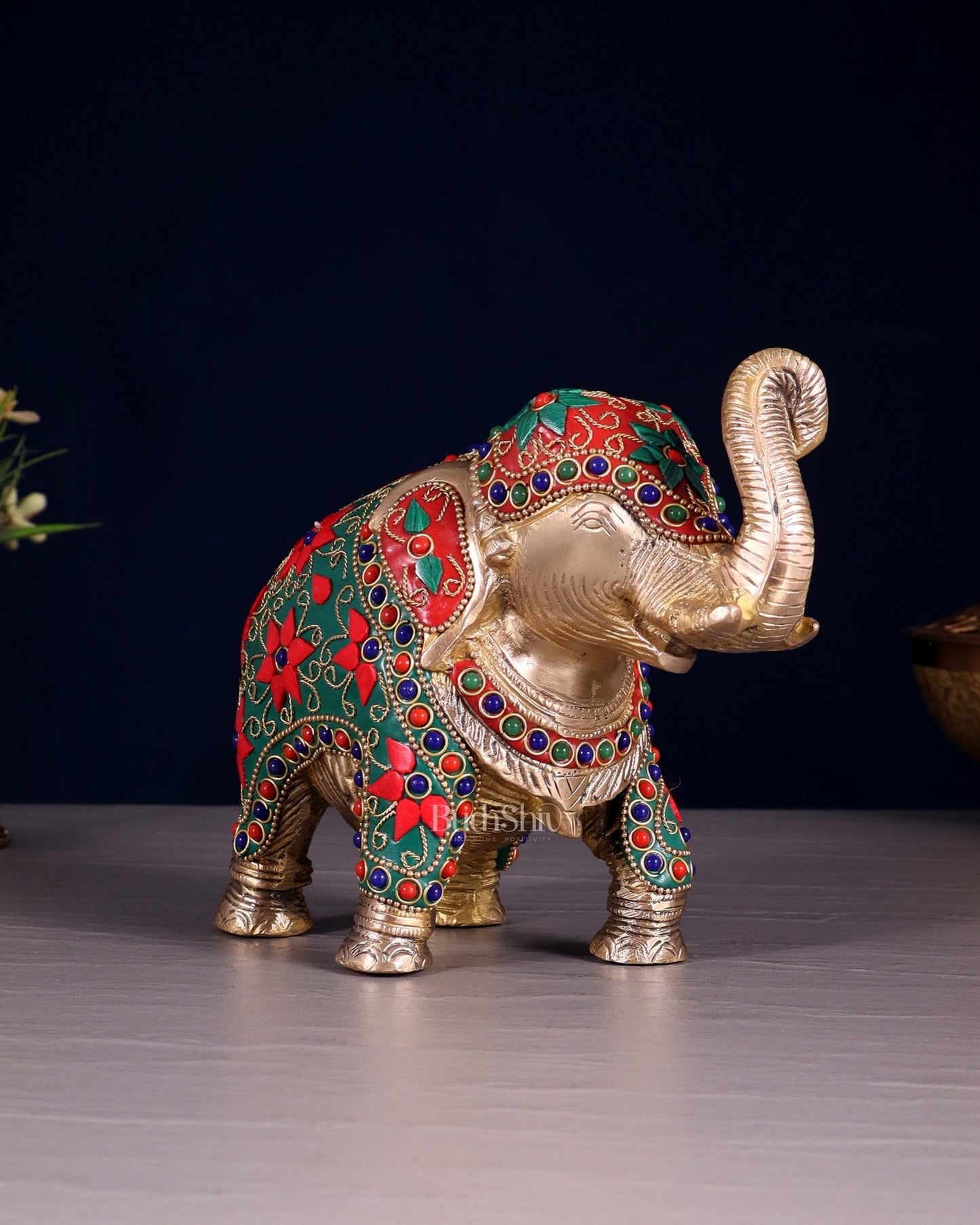 Brass Elephant Statue with Floral Stonework 7" - Budhshiv.com