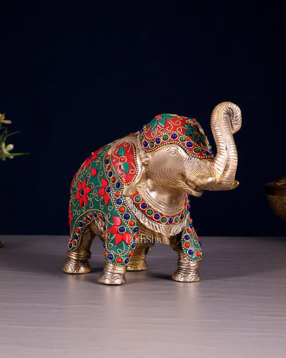 Brass Elephant Statue with Floral Stonework 7" - Budhshiv.com